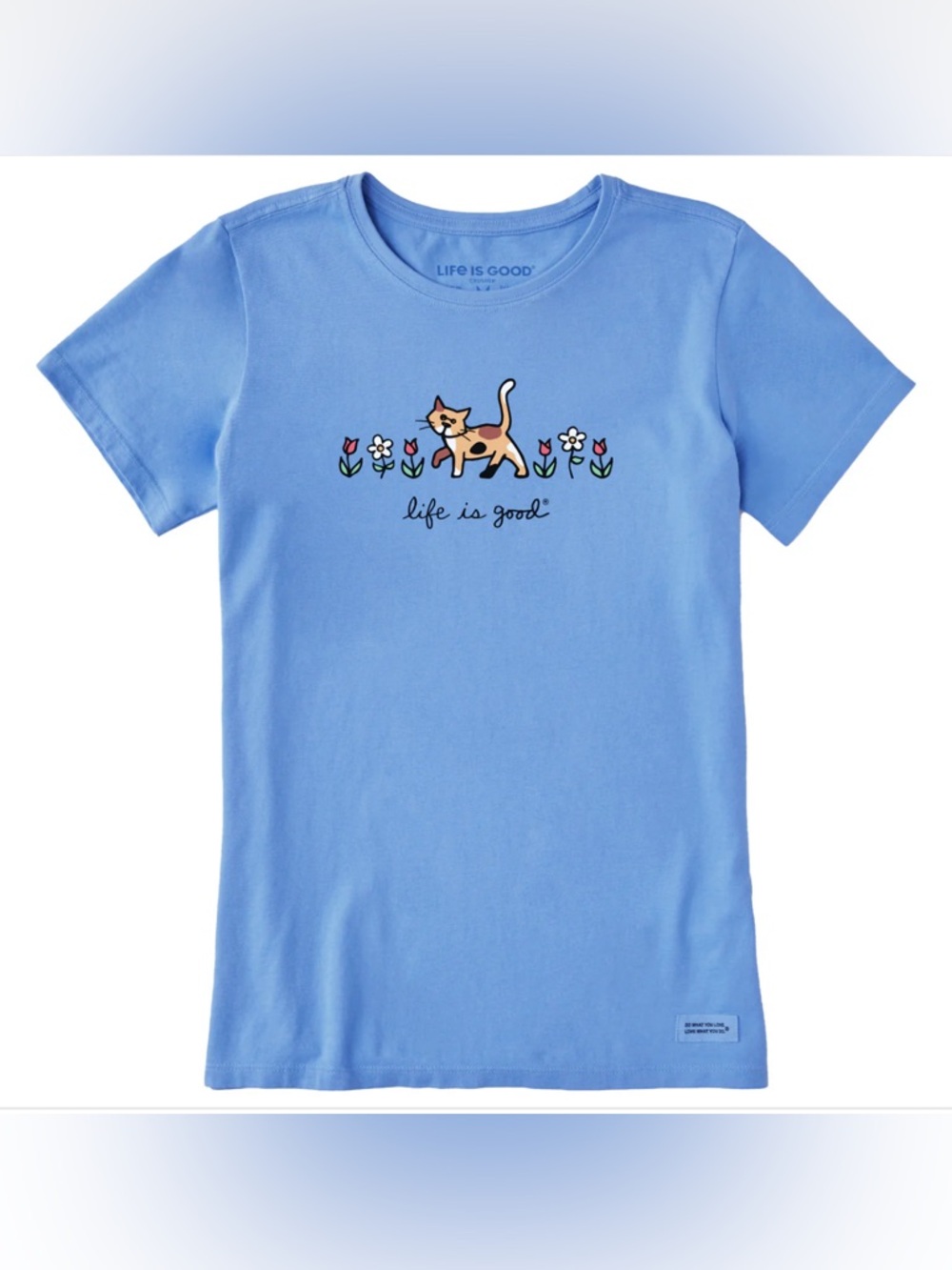 Life Is Good Blue Tee with Cat and Floral Design